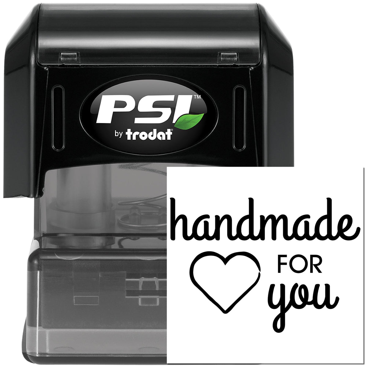 Black PSI by Trodat self-inking stamp with gray housing and white handmade for you heart seal.