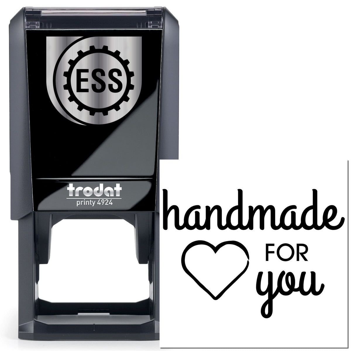 Black self-inking stamp and seal with ESS gear logo and handmade for you heart design on white insert.