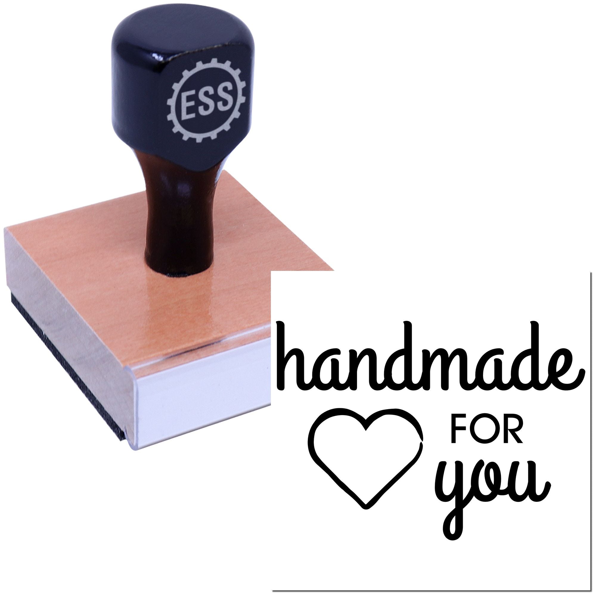 Black ESS rubber stamp and seal on wood, featuring handmade for you text and heart on a white background