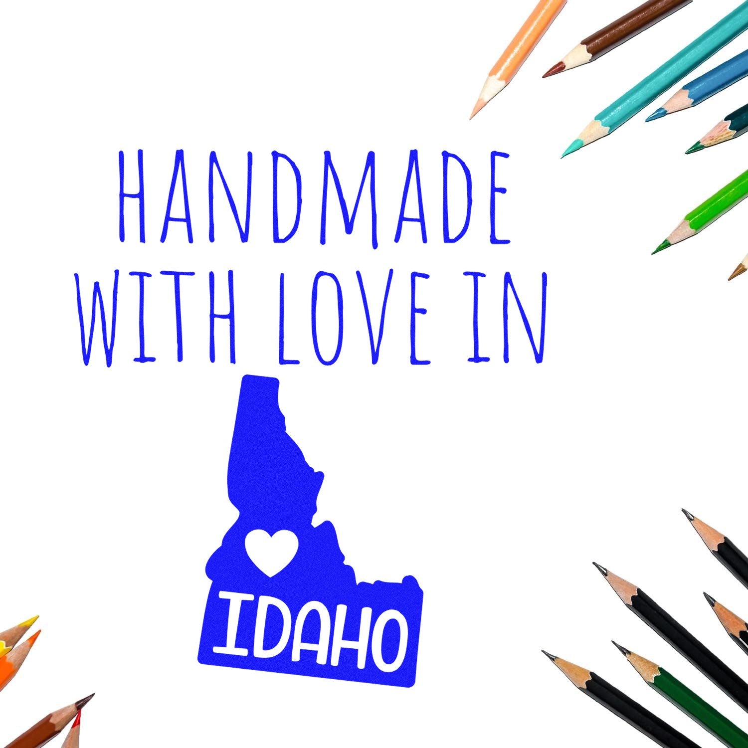 Idaho Handmade Rubber Stamp with wood handle by ESS, showing the stamp in use on paper.