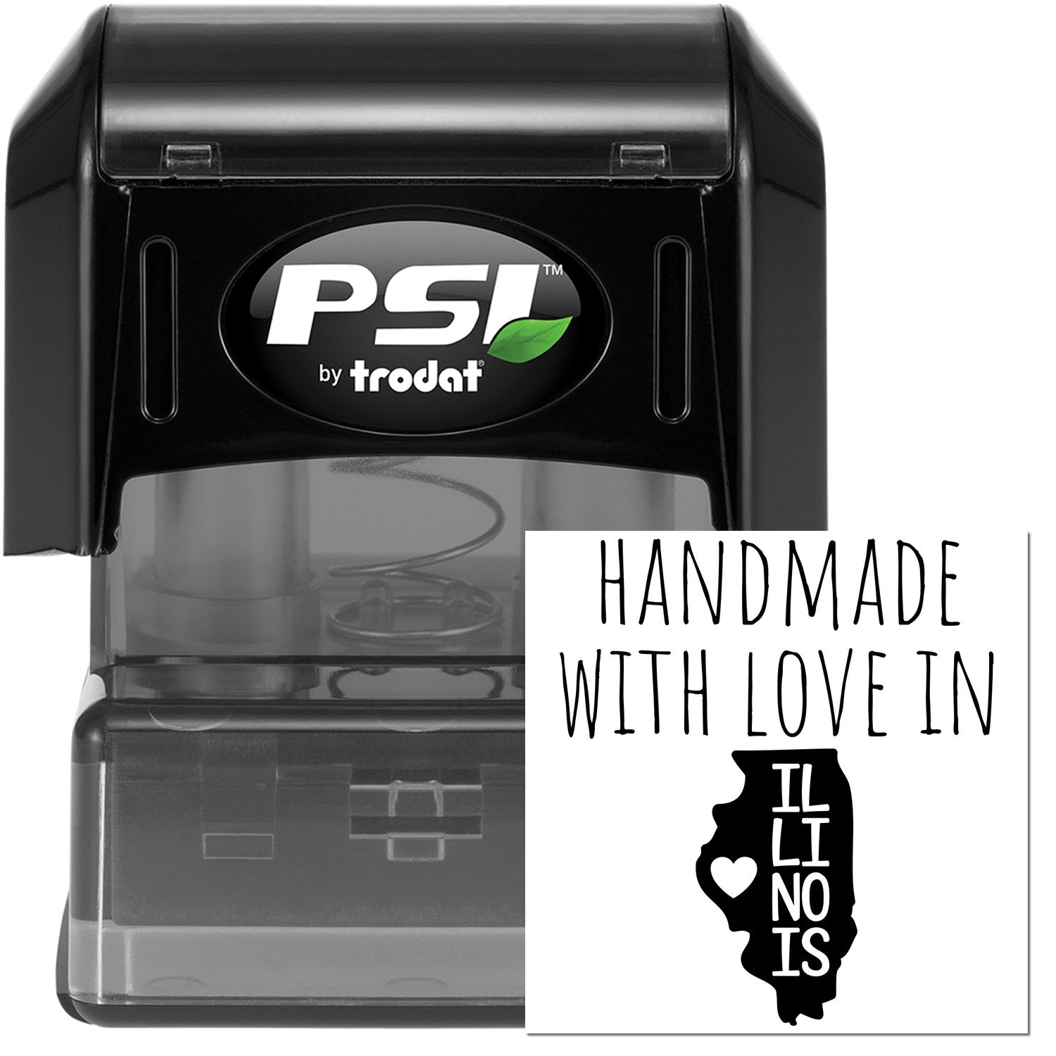 PSI Pre-Inked Handmade with Love in Illinois stamp, featuring a black casing and a design with the text Handmade with Love in Illinois alongside a heart and state outline.