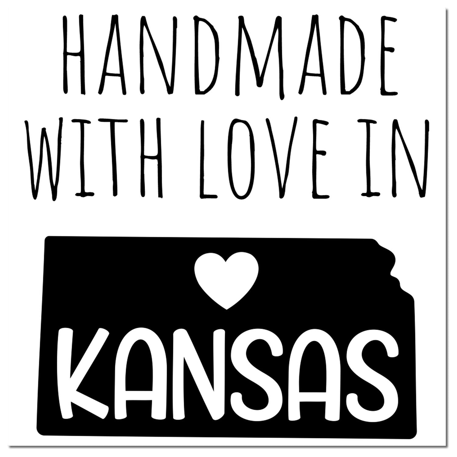 Kansas Handmade with Love rubber stamp by ESS, featuring a wood handle and black ink imprint on white paper.