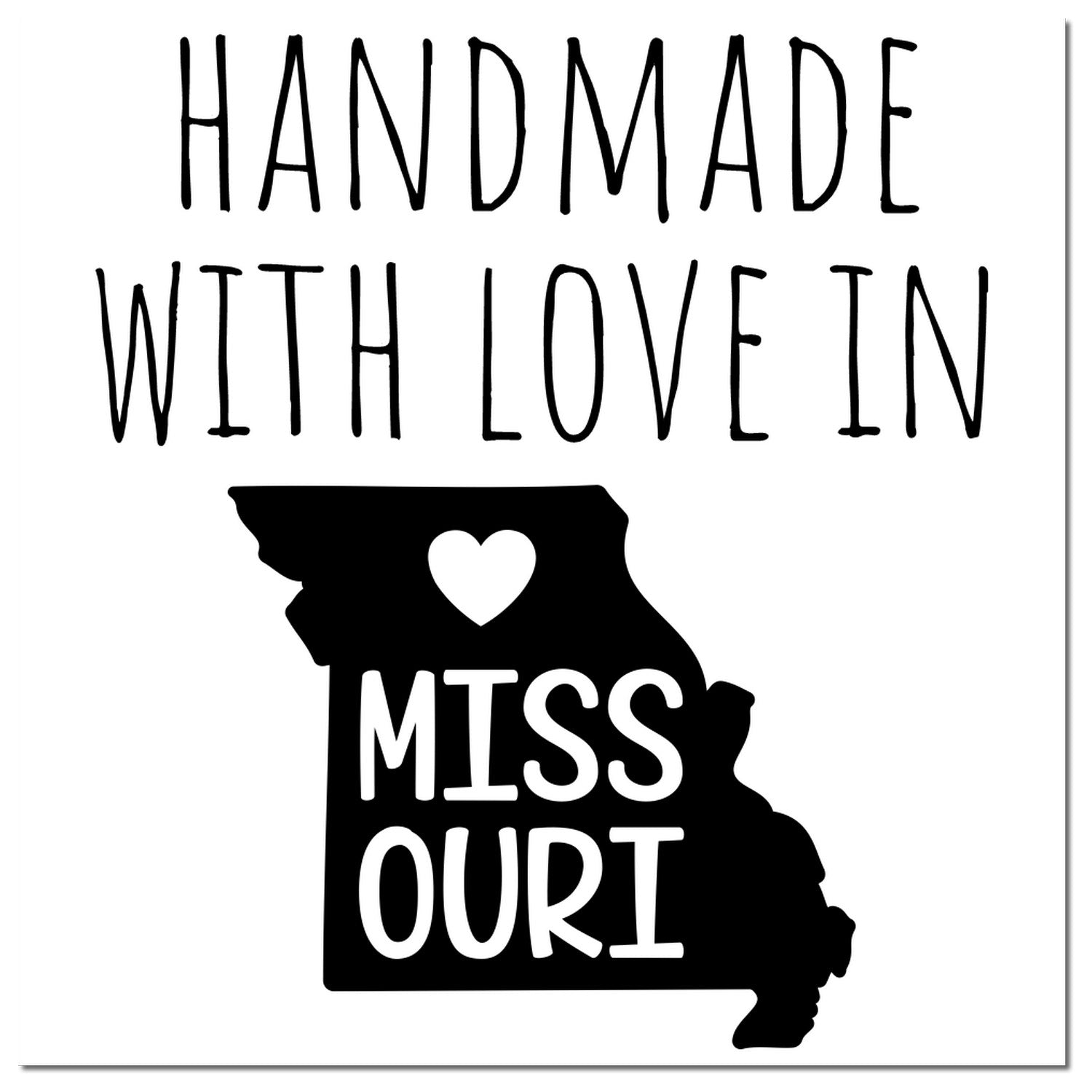 Wood handle Missouri handmade rubber stamp with black ink imprint, featuring the ESS Made in Stamps branding.