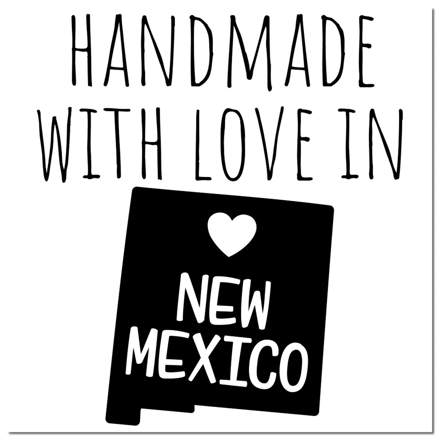 Wood Handle New Mexico Handmade with Love Rubber Stamp featuring a heart and 'Handmade with Love in New Mexico' text, perfect for crafts and gifts. Black imprint design.