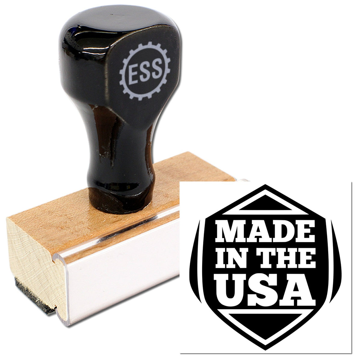 Black rubber stamp with wooden handle featuring American Pride Seal design, made by ESS for Stamps.