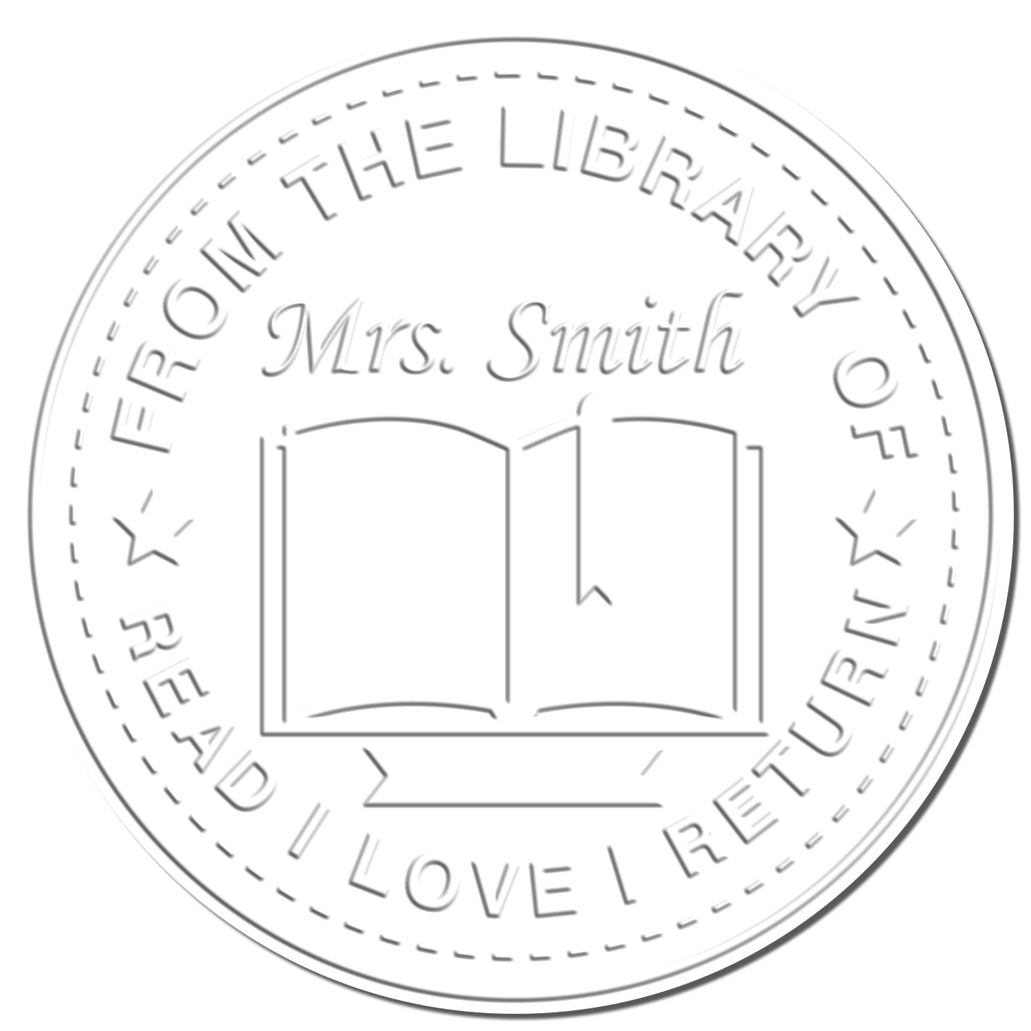 Gray circular library stamp seal with open book icon, Mrs. Smith, and Free to Read text on a white background.
