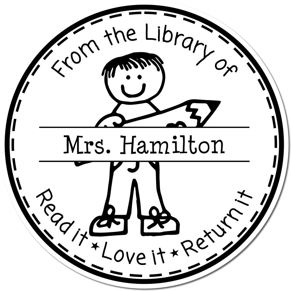 Black-and-white circular personalized library stamp seal with smiling child, Mrs. Hamilton, and Read it, Love it, Return it.