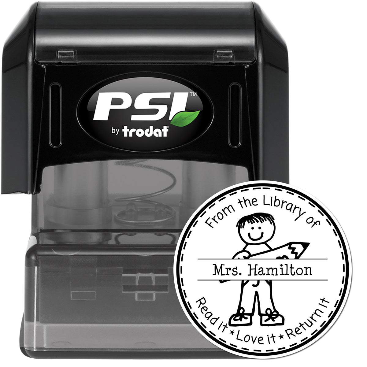 Black PSI by Trodat self-inking stamp and custom round library seal for Mrs. Hamilton, black and white with green logo.