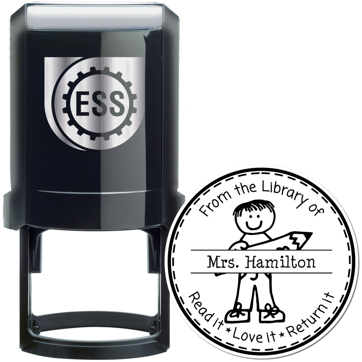 Black self-inking ESS stamp beside round white library seal with child illustration, Mrs. Hamilton, and black text.