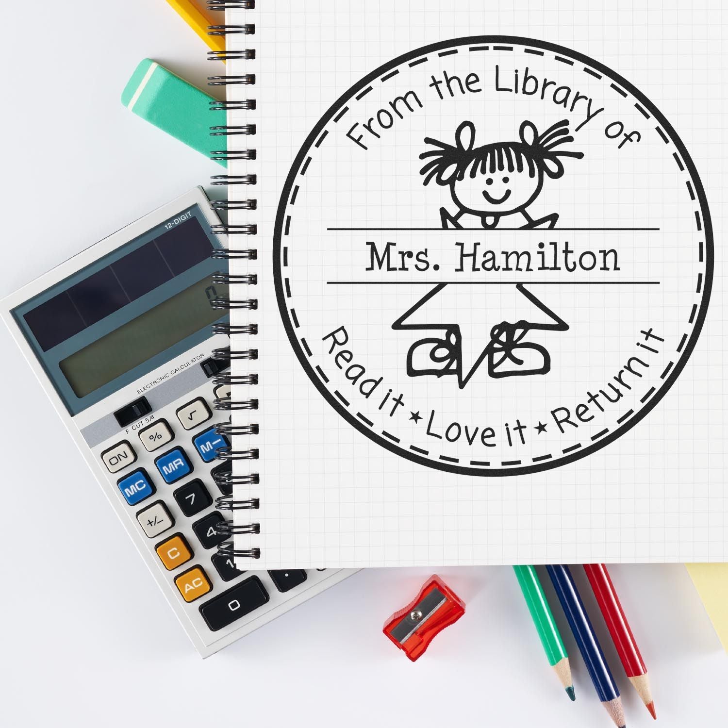 Stick Girl PSI Pre-Inked Personalizable Library Of Teacher Name Stamp - Engineer Seal Stamps
