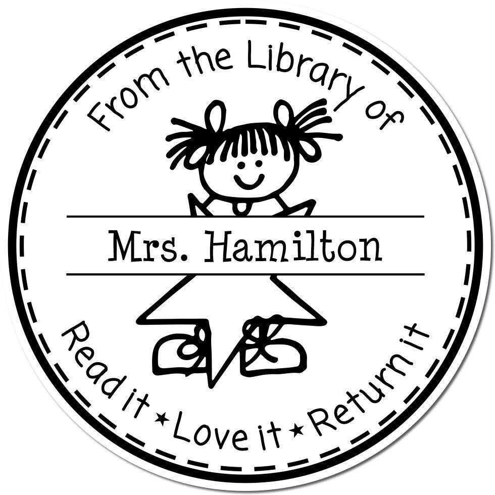 Black-and-white circular library stamp seal with cartoon girl, reading From the Library of Mrs. Hamilton and Read it Love it Return it.