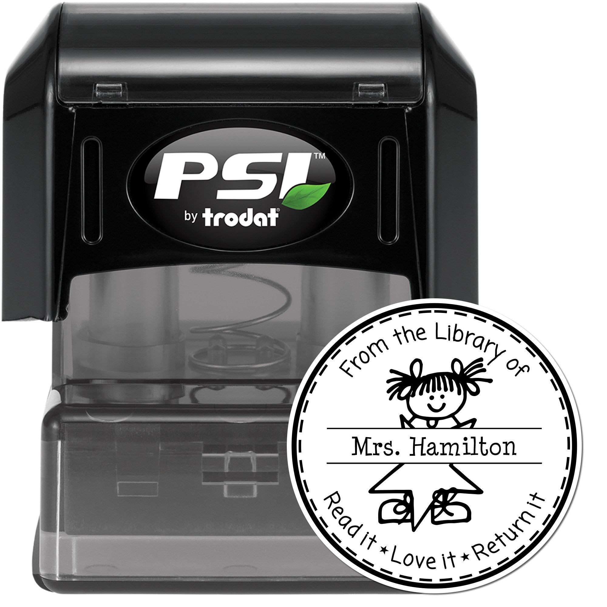 Stick Girl PSI Pre-Inked Personalizable Library Of Teacher Name Stamp - Engineer Seal Stamps