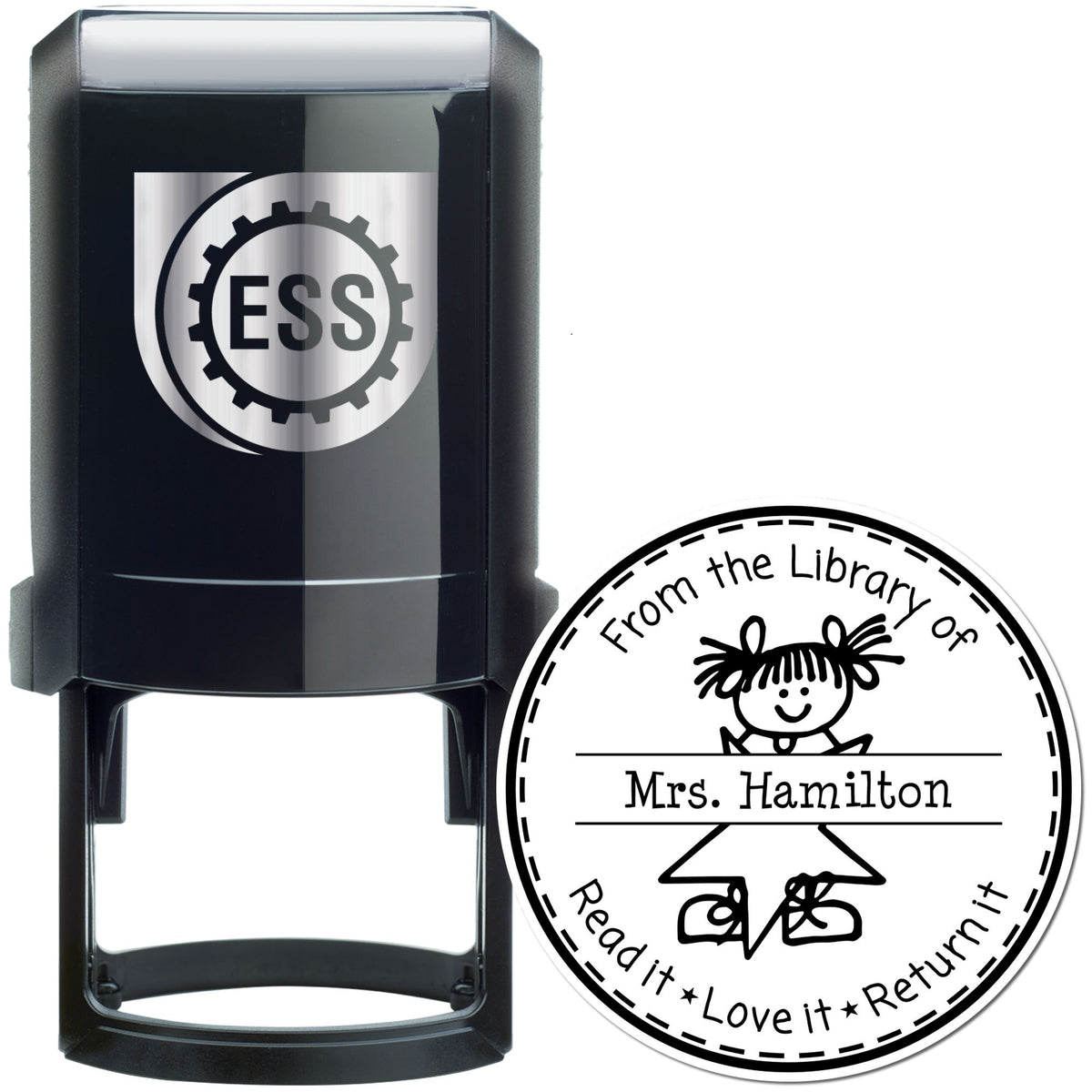 Trodat Stick Girl self-inking teacher library return stamp with personalized text, featuring a playful girl design.