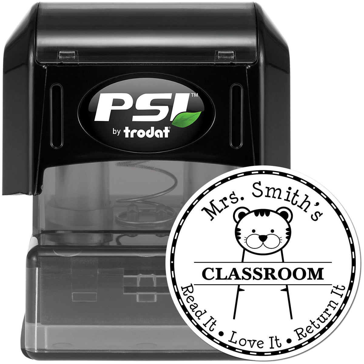Black PSI by Trodat self-inking stamp with white round classroom seal design and tiger graphic.