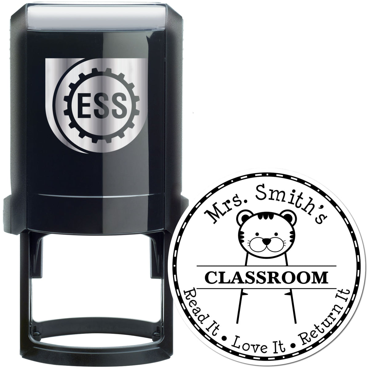 Black self-inking ESS stamp and custom round classroom seal with bear design, white background, black text and border.