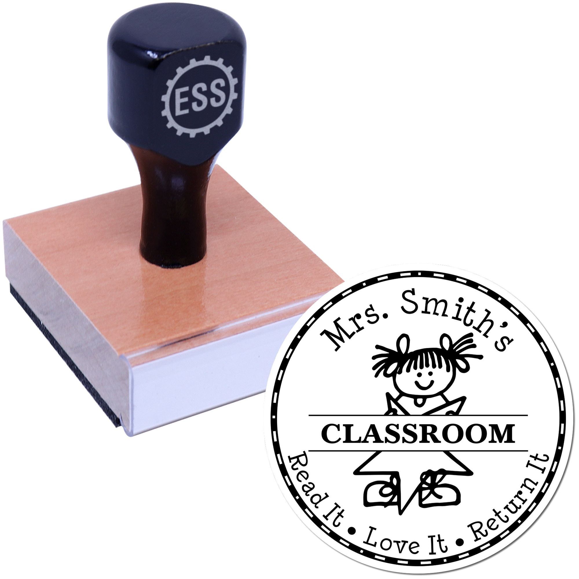 Dark blue custom classroom stamp with wooden base and round black seal reading Mrs. Smiths Classroom.