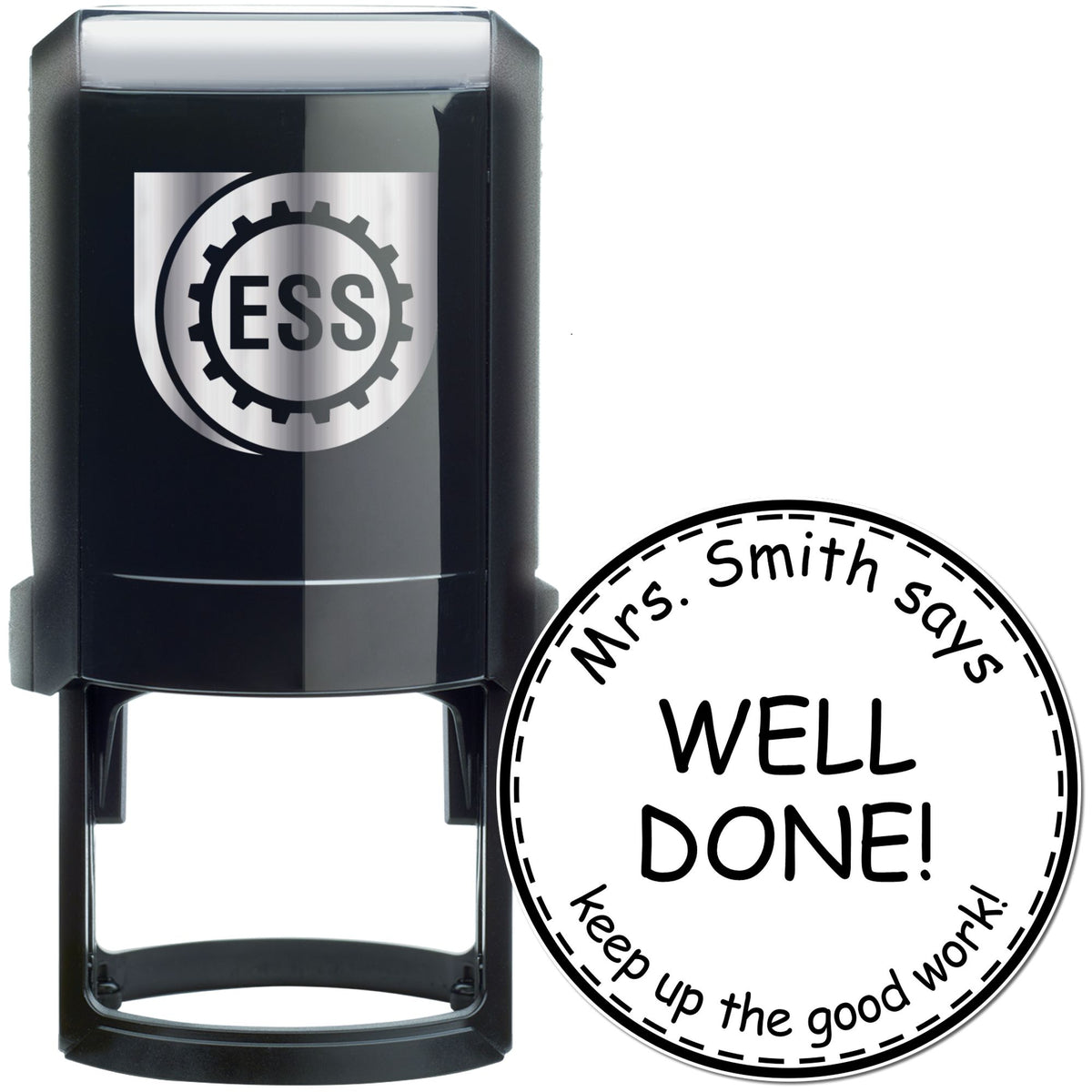 Black self-inking stamp and seal with ESS gear logo and circular Mrs. Smith says WELL DONE! seal on white.