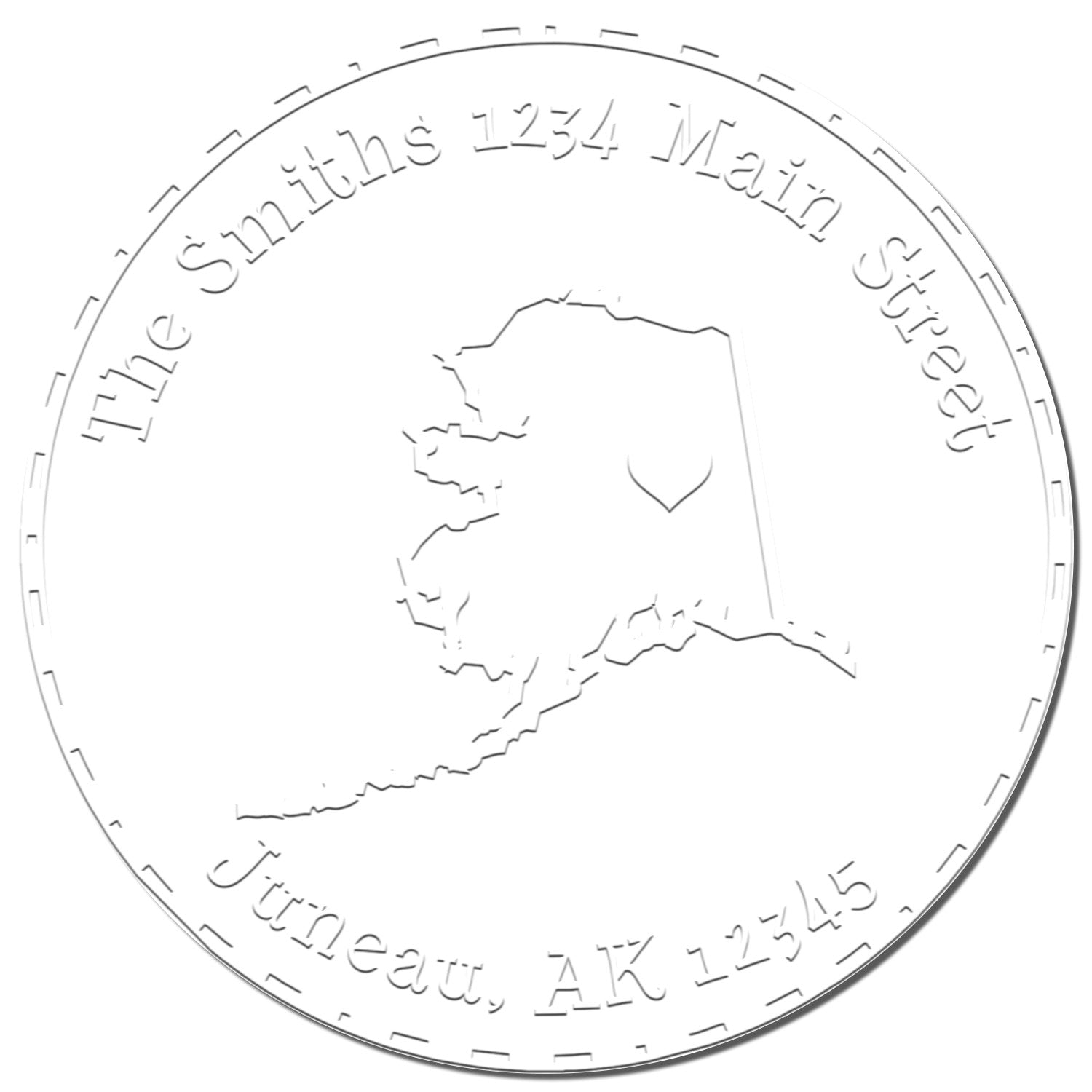 Round white embossed address stamp seal with Alaska outline and gray text: The Smiths, 1234 Main Street, Juneau, AK 12345.