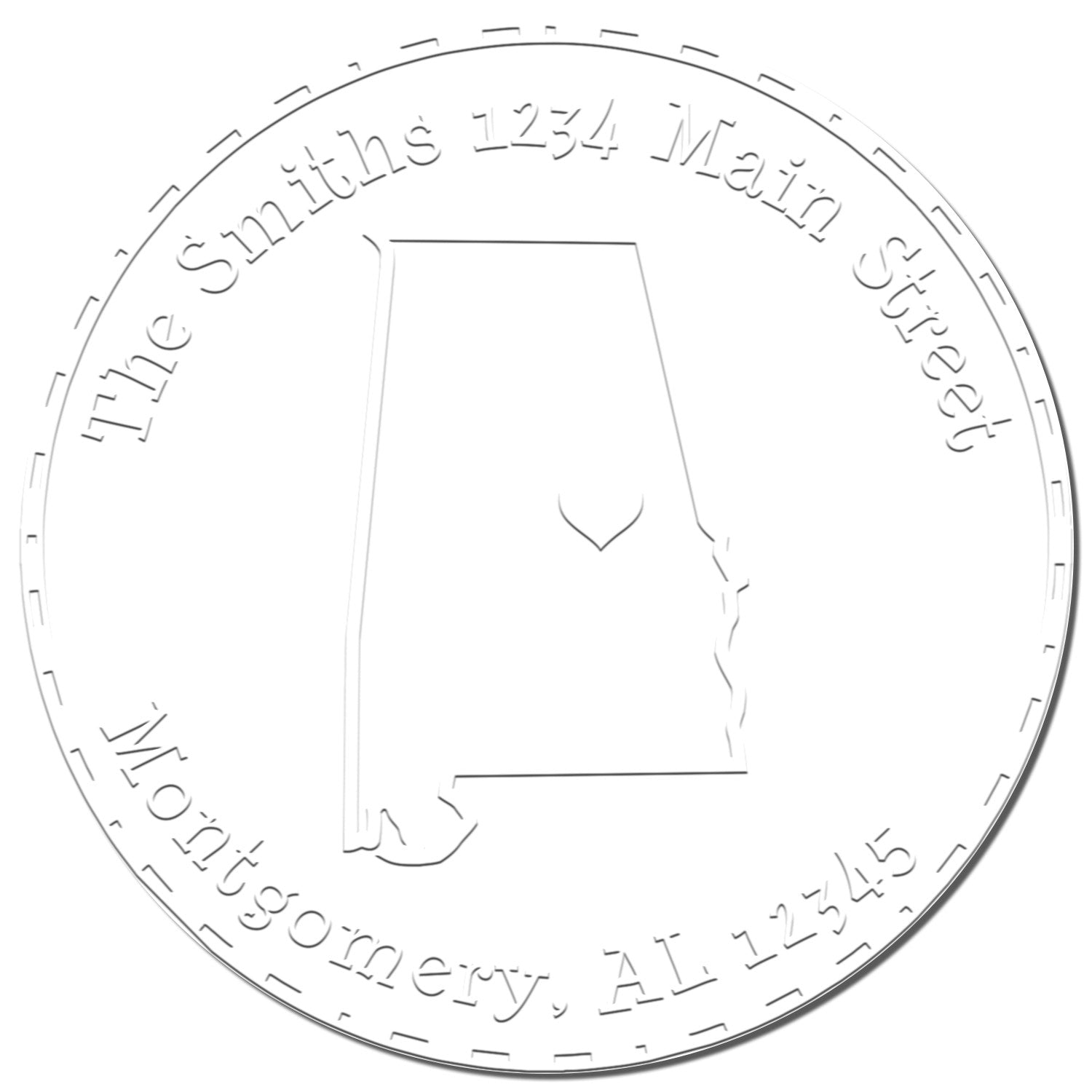 White embossed round seal stamp with Alabama outline and address: The Smiths, 1234 Main Street, Montgomery, AL 12345.
