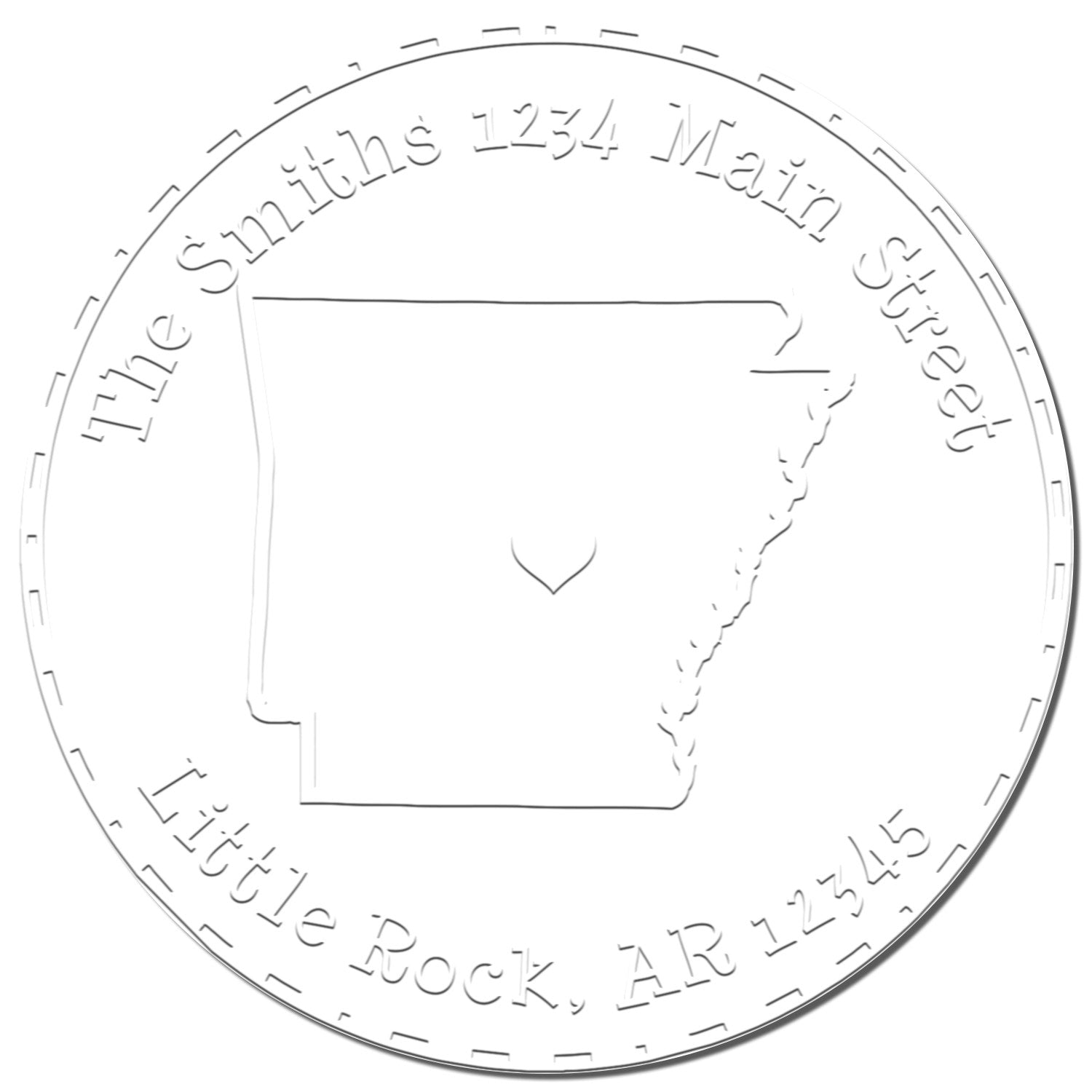 White embossed circular stamp seal with Arkansas outline and address text: Smith's 1234 Main Street, Little Rock, AR 12345.