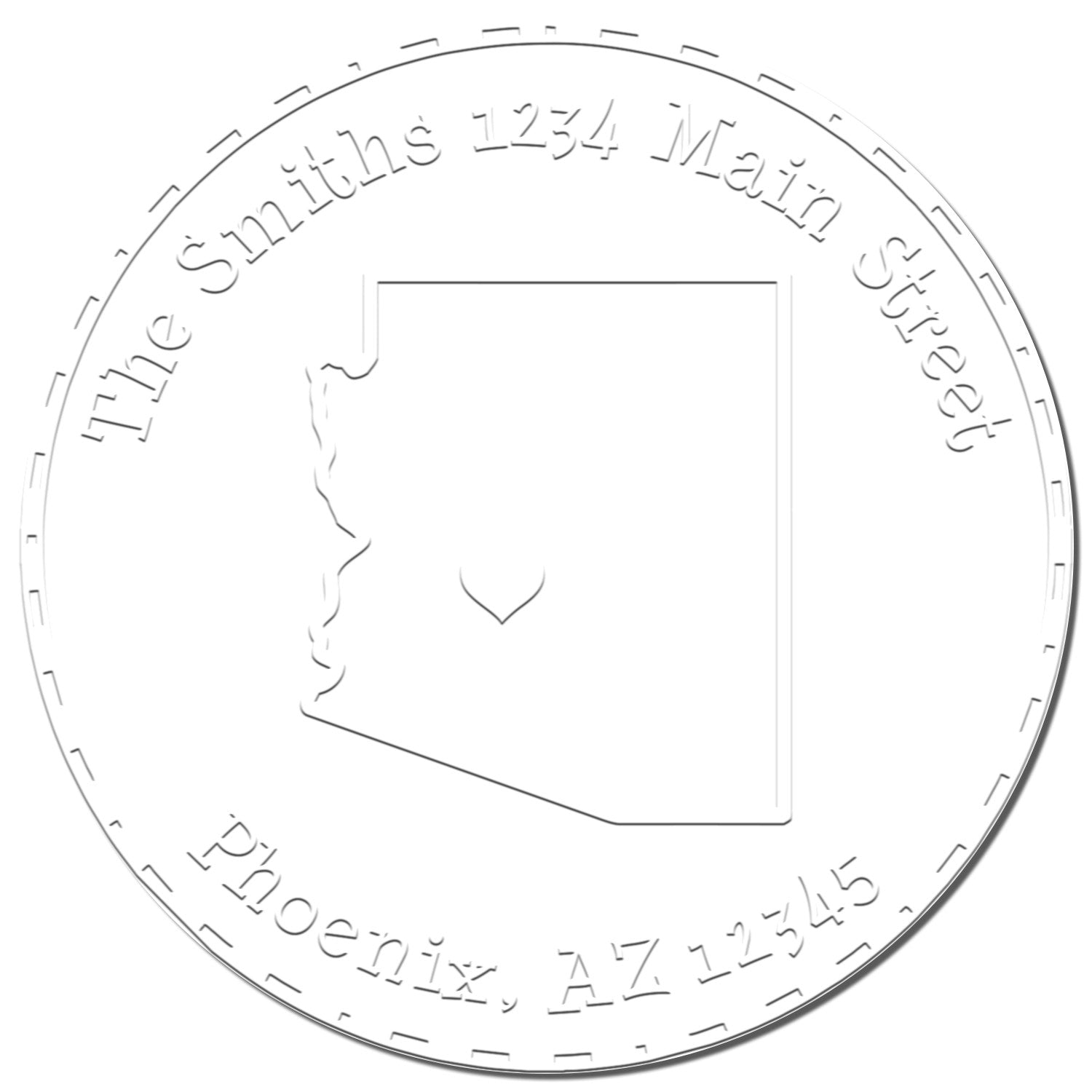 Round silver embossed seal stamp with Arizona outline and text: The Smiths, 1234 Main Street, Phoenix, AZ 12345.