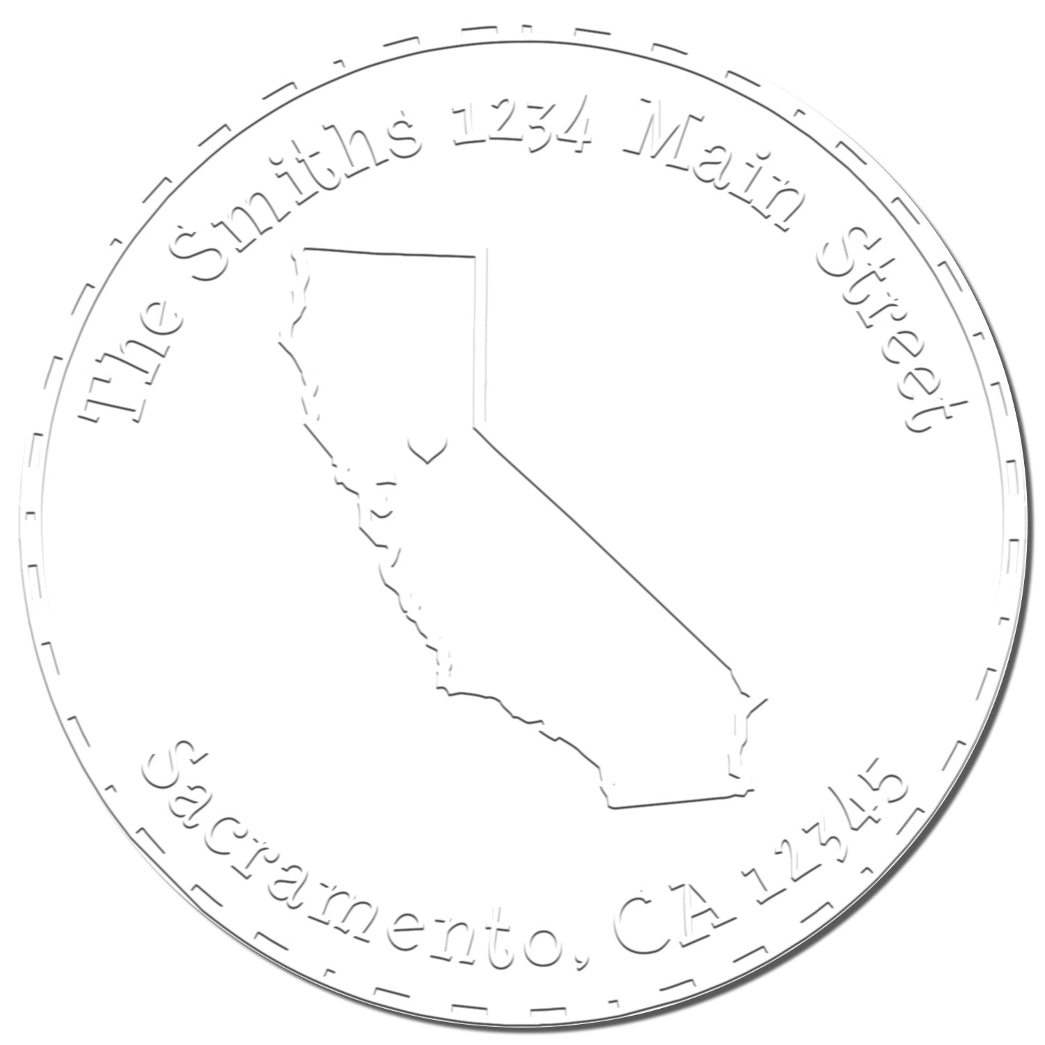 White embossed circular stamp seal with California outline and gray text: Smith's, 1234 Main Street, Sacramento, CA 12345.