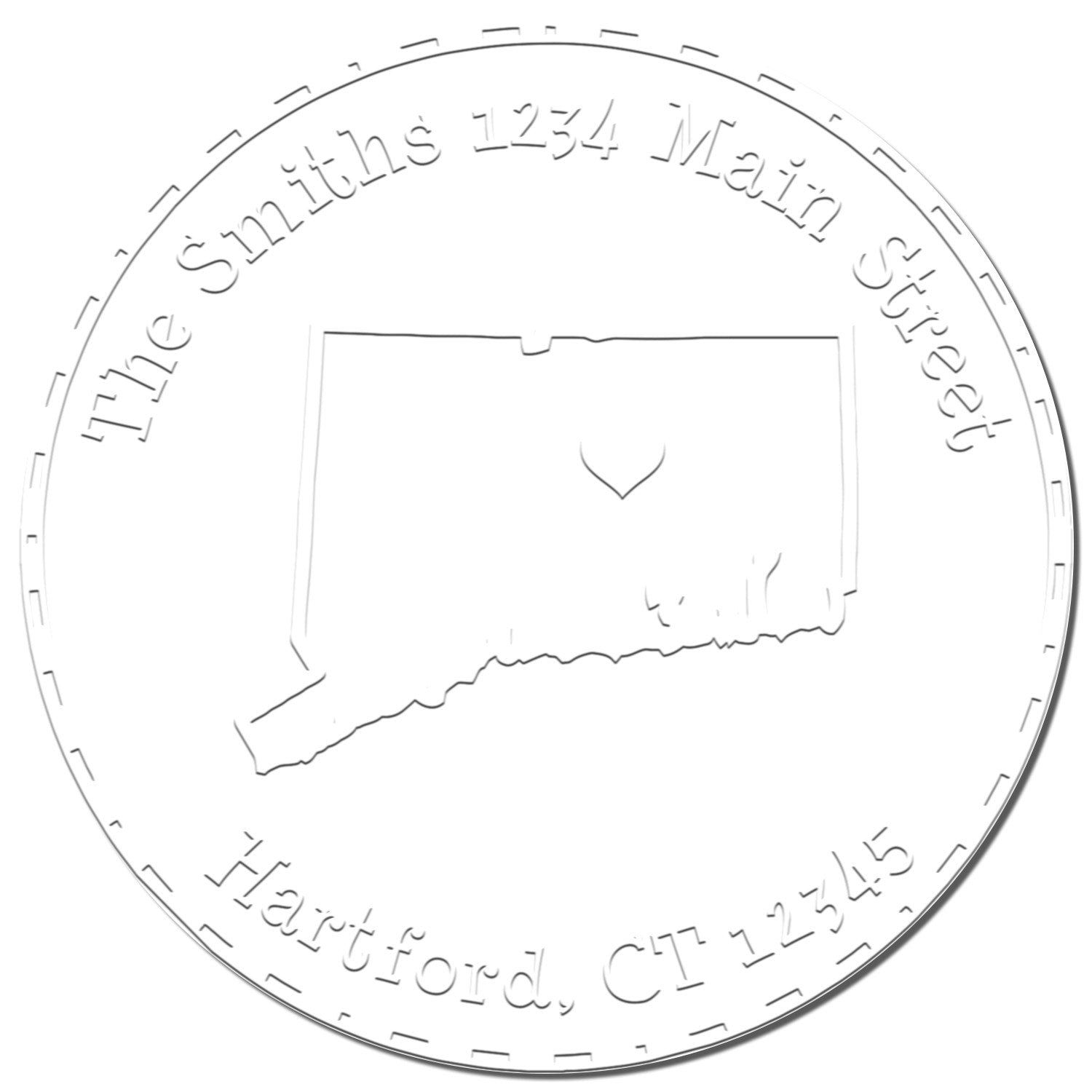 White circular embossing seal with Connecticut outline and engraved text for Smith's, 1234 Main Street, Hartford, CT 12345.