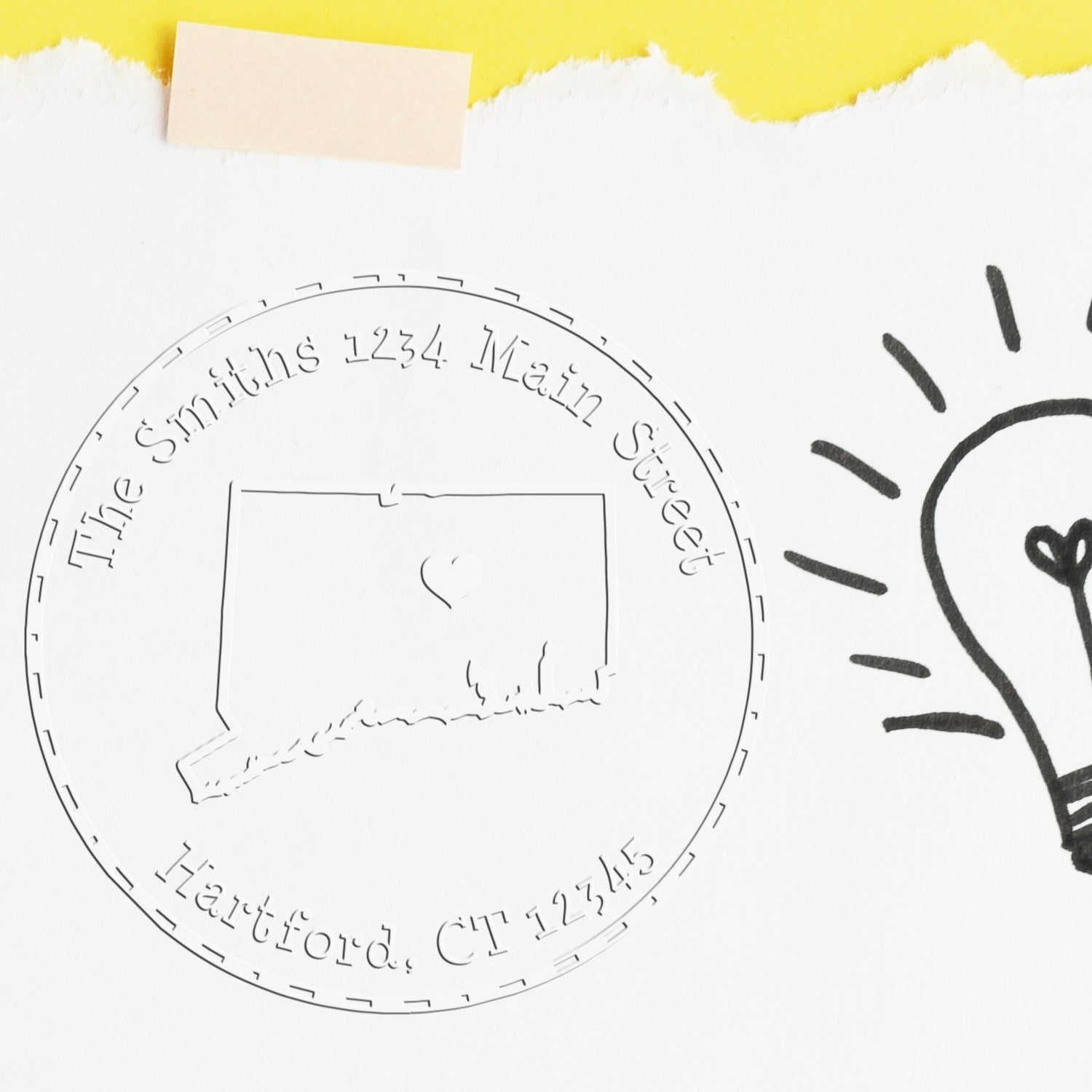 Embossed circular stamp seal on white paper with yellow torn edge, Connecticut outline, cream tape, and partial black lightbulb.