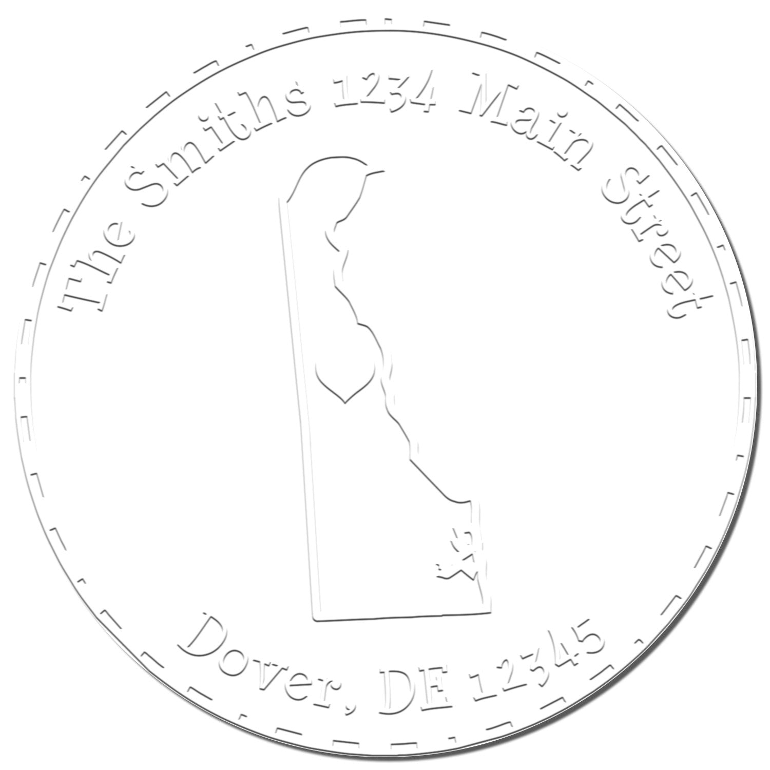 White circular embossing seal with Delaware outline and Smiths address text: 1234 Main Street, Dover, DE 12345.