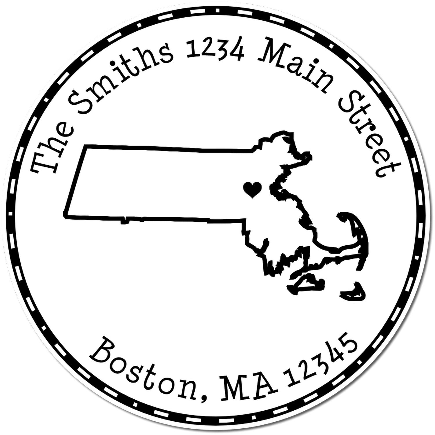 Black-and-white circular address stamp seal with Massachusetts outline, heart marker, and text: The Smiths, 1234 Main Street, Boston, MA 12345.