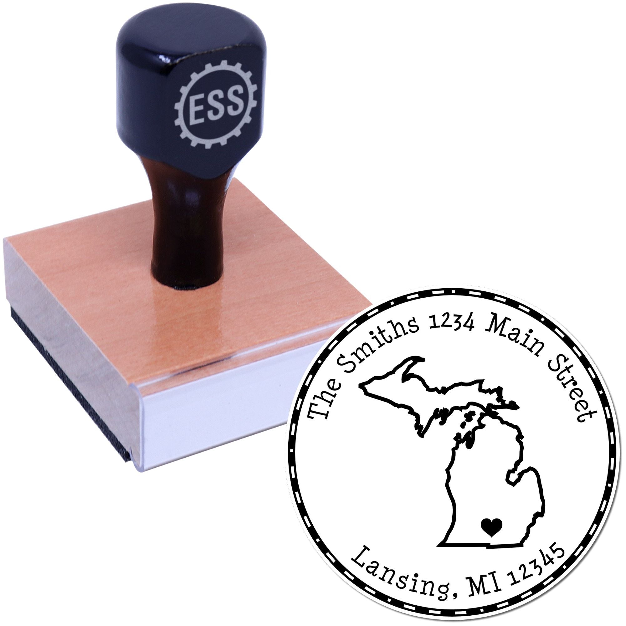 Wood Handle Round Michigan State Luv Address Stamp - Engineer Seal Stamps