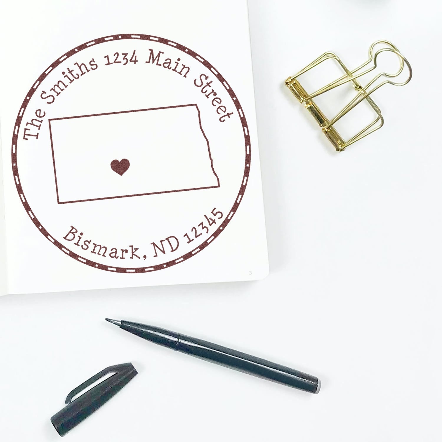 Wood Handle Round North Dakota State Luv Address Stamp - Engineer Seal Stamps