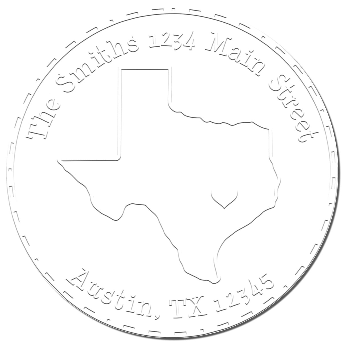 White and gray custom round embossing seal with Texas outline and engraved text: The Smiths, 1234 Main Street, Austin, TX 12345.