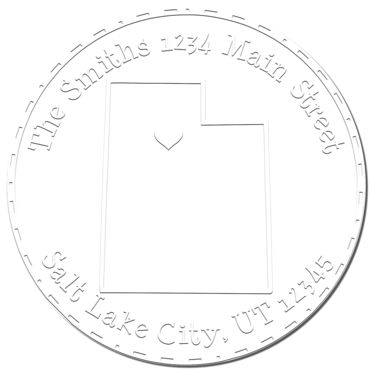Round silver embossed stamp seal with Smiths 1234 Main Street, Salt Lake City, UT 12345 on a white background.