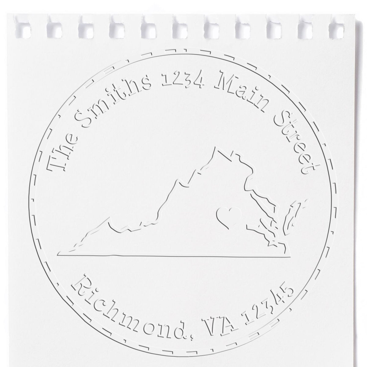 Trodat VA State Love Desk Embosser Seal Stamp featuring a handcrafted design, used to emboss return address on envelopes.