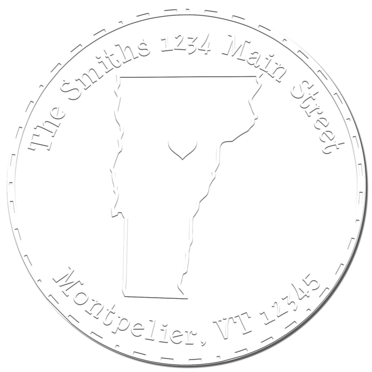 White embossed circular stamp seal with Vermont outline, gray border marks, and arched text for Smith's 1234 Main Street, Montpelier, VT 12345
