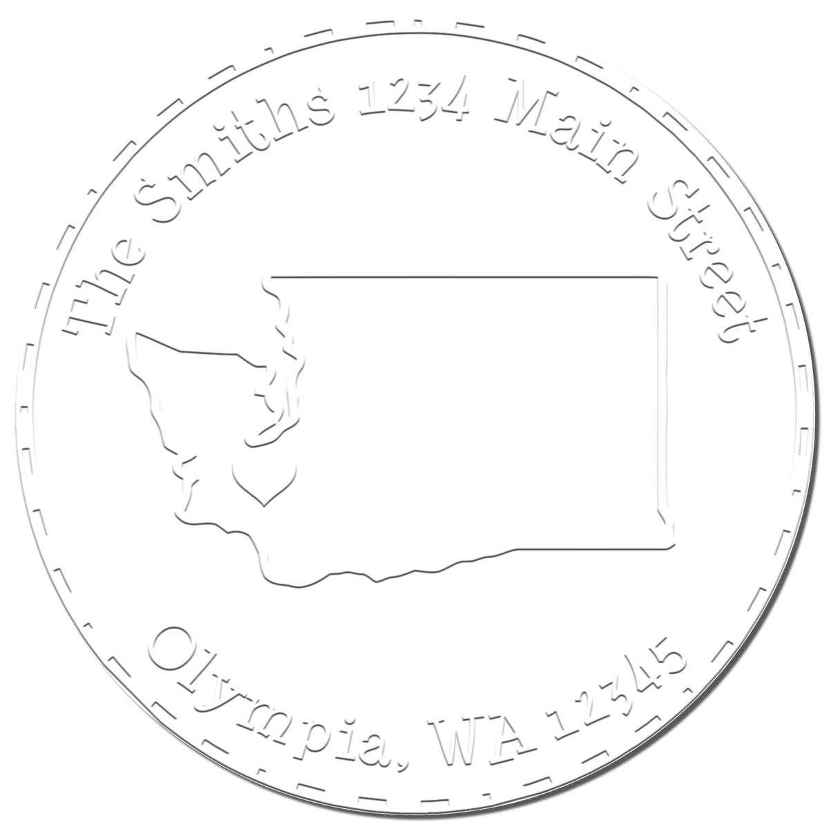 Embossed gray round stamp seal with Washington state outline, custom name, address, and decorative border.
