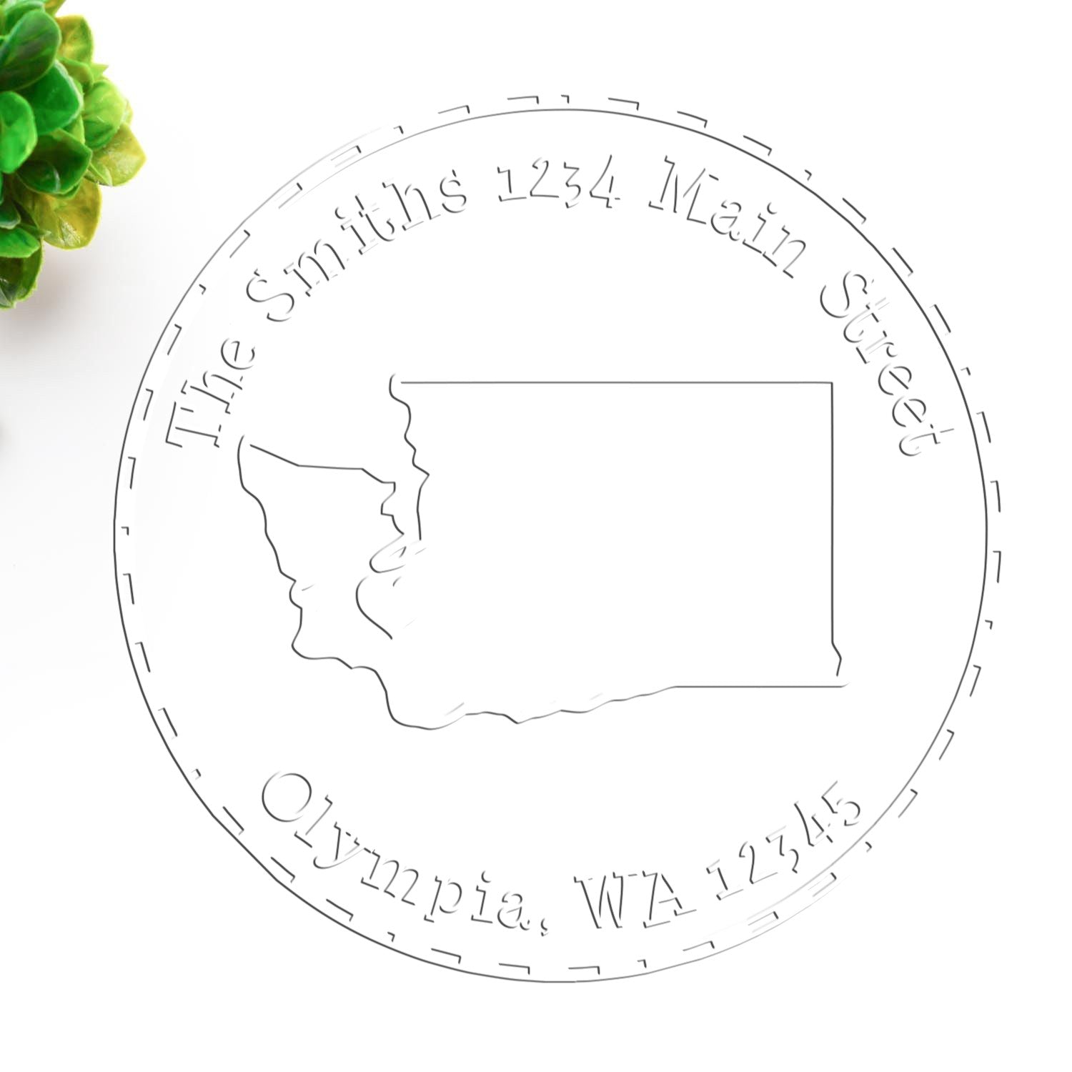 Circular gray custom address stamp and seal with Oregon outline and Smiths 1234 Main Street, Olympia WA on white background.