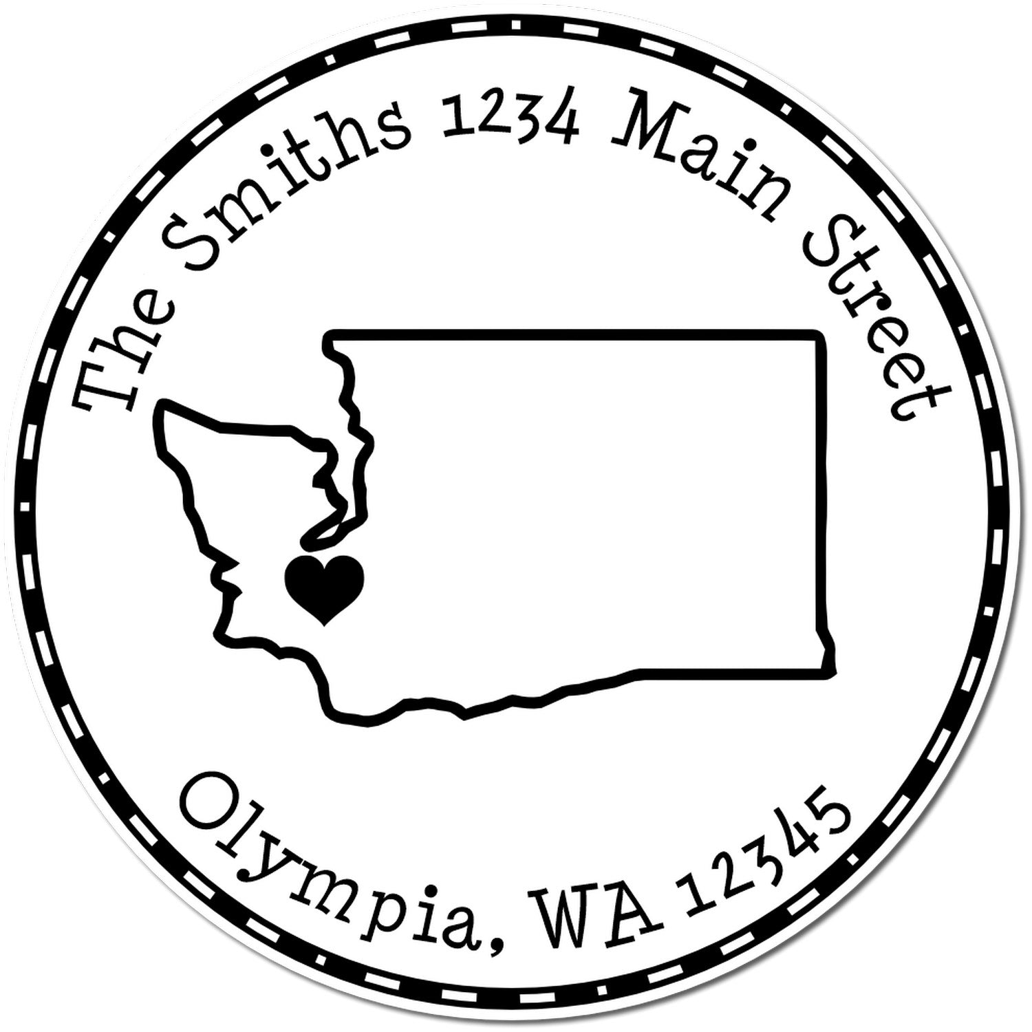 Round black-and-white address stamp seal with Washington state outline, heart marker, and Smiths 1234 Main Street, Olympia, WA 12345