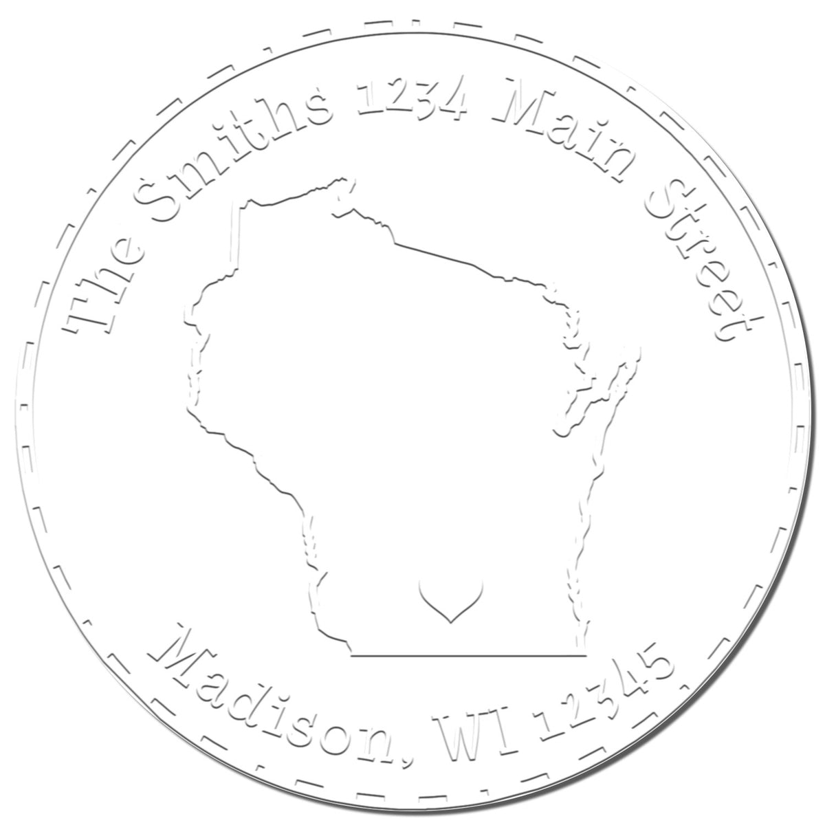 Circular silver embossing seal stamp with Wisconsin outline and engraved text The Smiths, 1234 Main Street, Madison, WI 12345