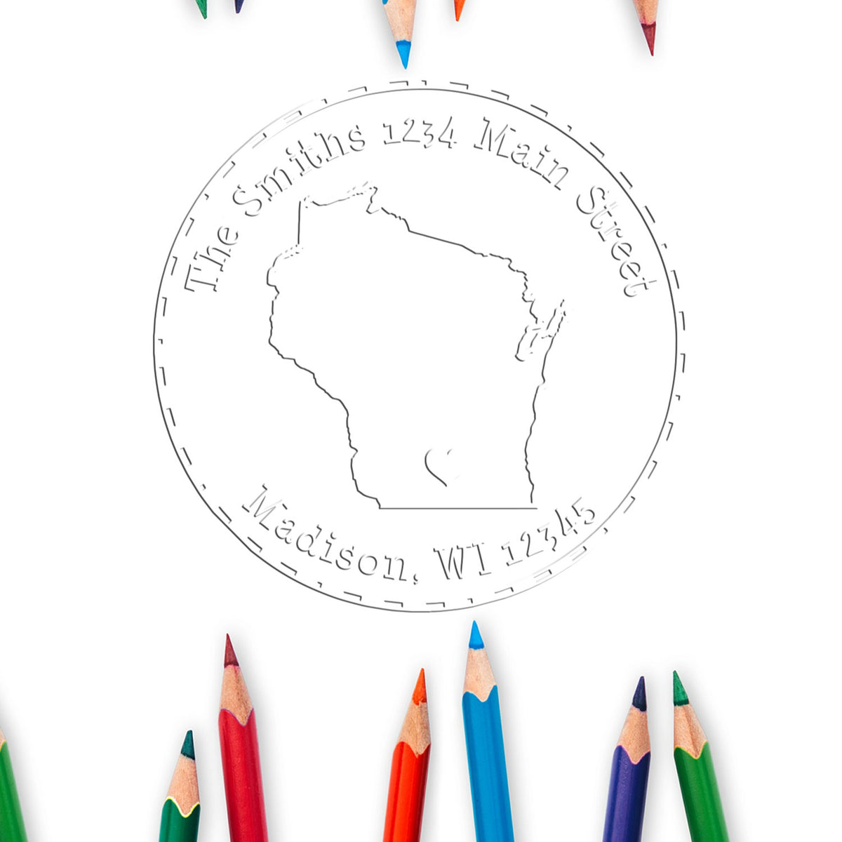 Custom round stamp seal with Wisconsin outline and The Smiths address, surrounded by colorful pencils.