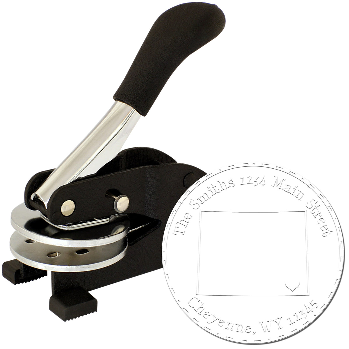 Black and silver lever-style stamp and seal embosser with circular custom embossing plate.