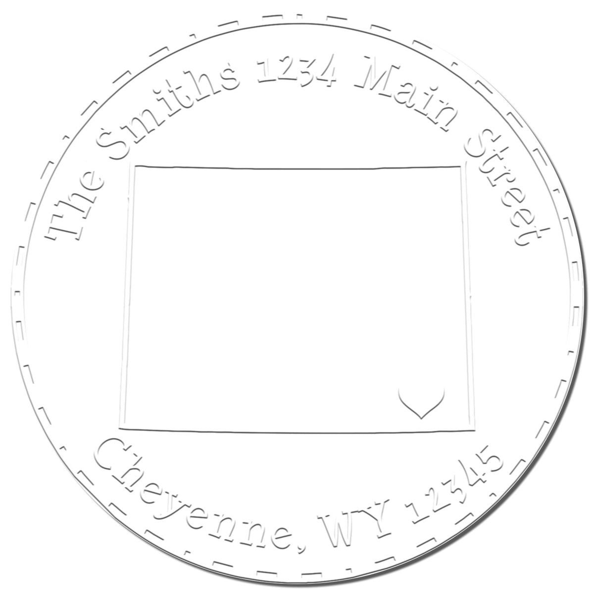 White and gray circular embossing stamp seal with decorative border, blank center, and names around the edge.