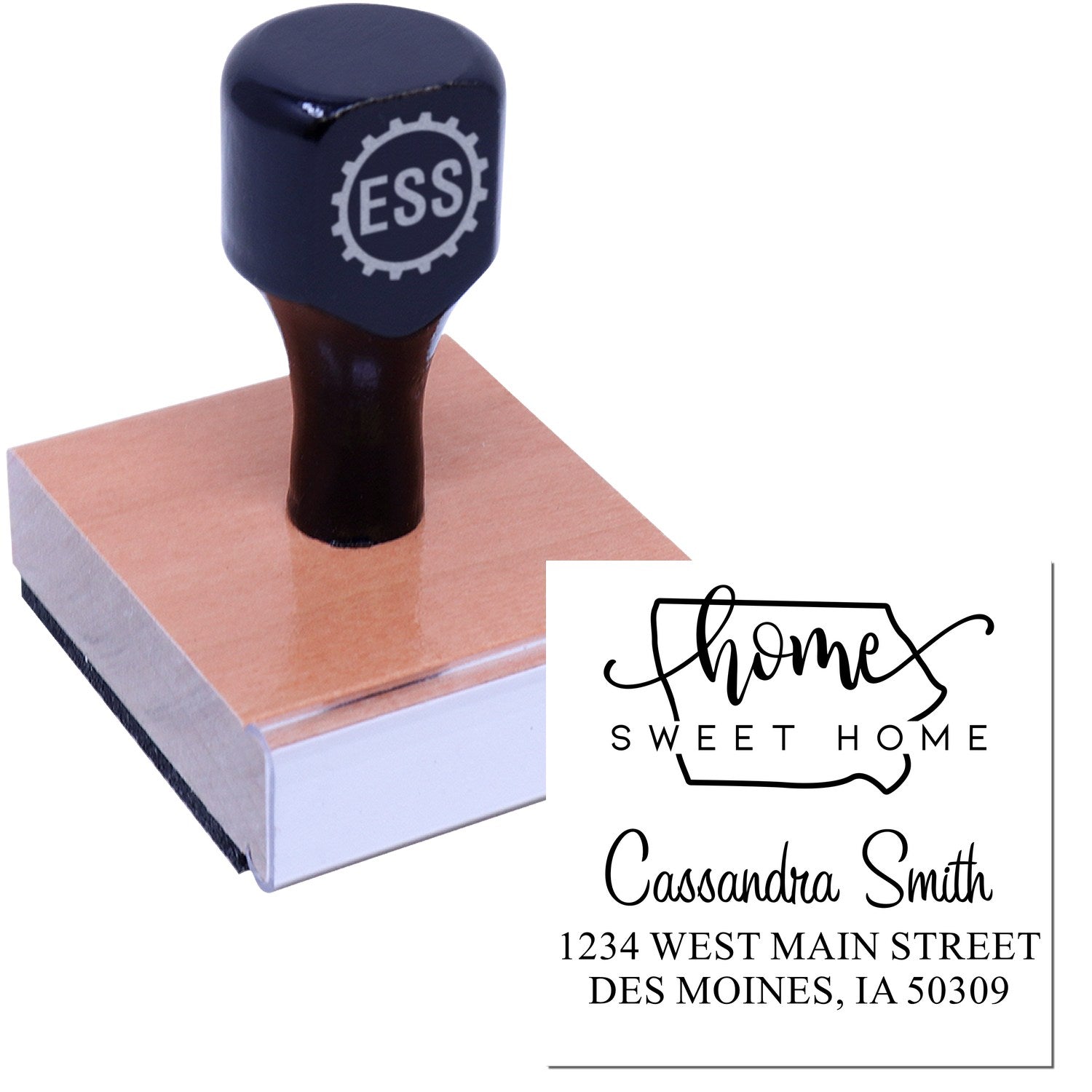 Wood Handle Home Sweet Home Iowa Personalized Mail Rubber Stamp - Engineer Seal Stamps