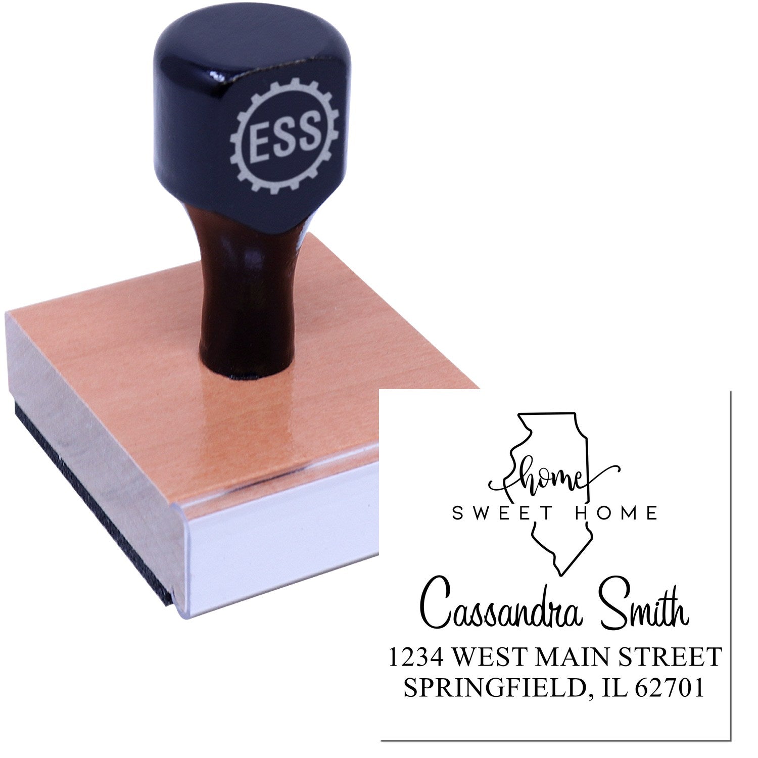 Wood Handle Home Sweet Home Illinois Personalized Mail Stamp - Engineer Seal Stamps
