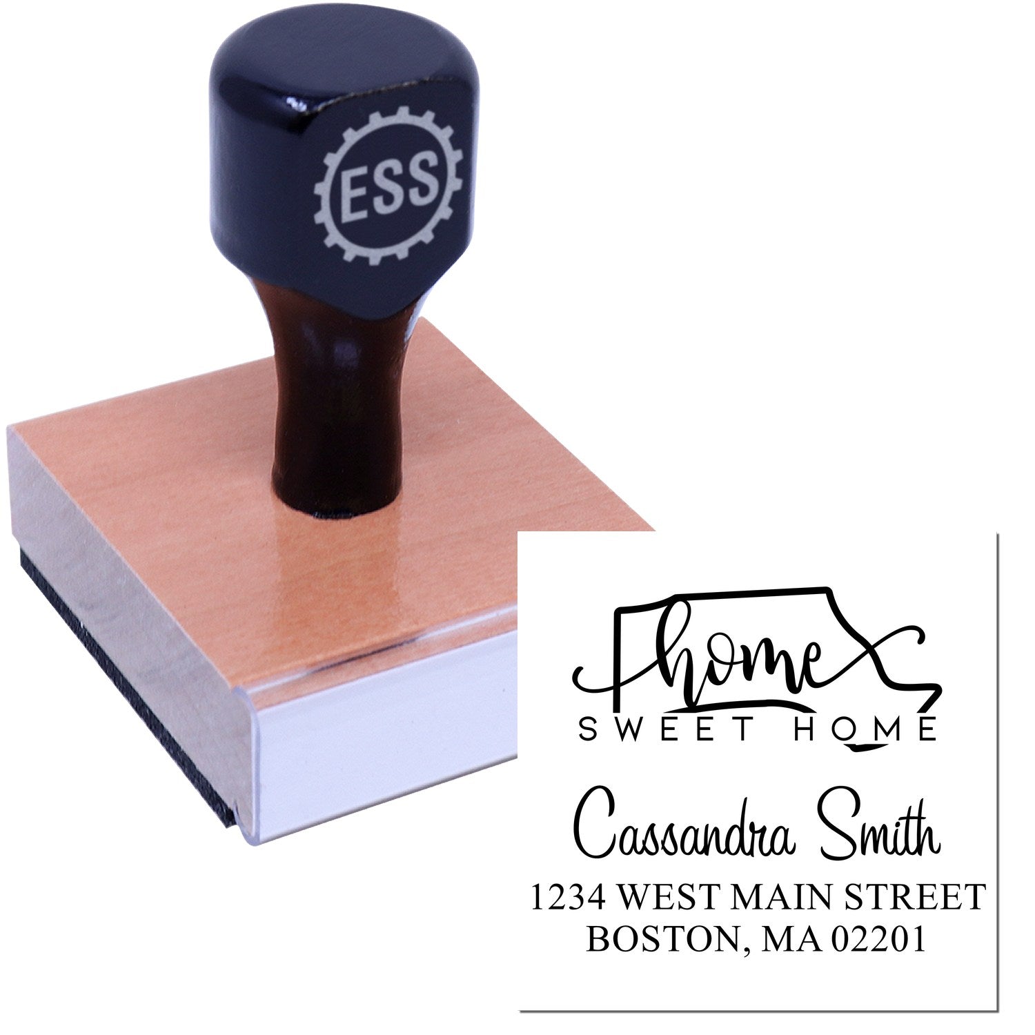 Wood Handle Home Sweet Home Massachusetts Personalized New Home Address Rubber Stamp - Engineer Seal Stamps