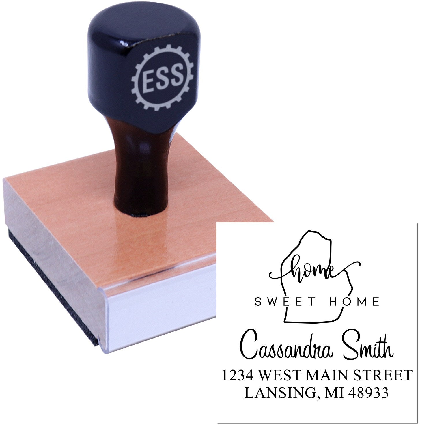 Wood Handle Home Sweet Home Michigan Personalized Address Return Stamp - Engineer Seal Stamps