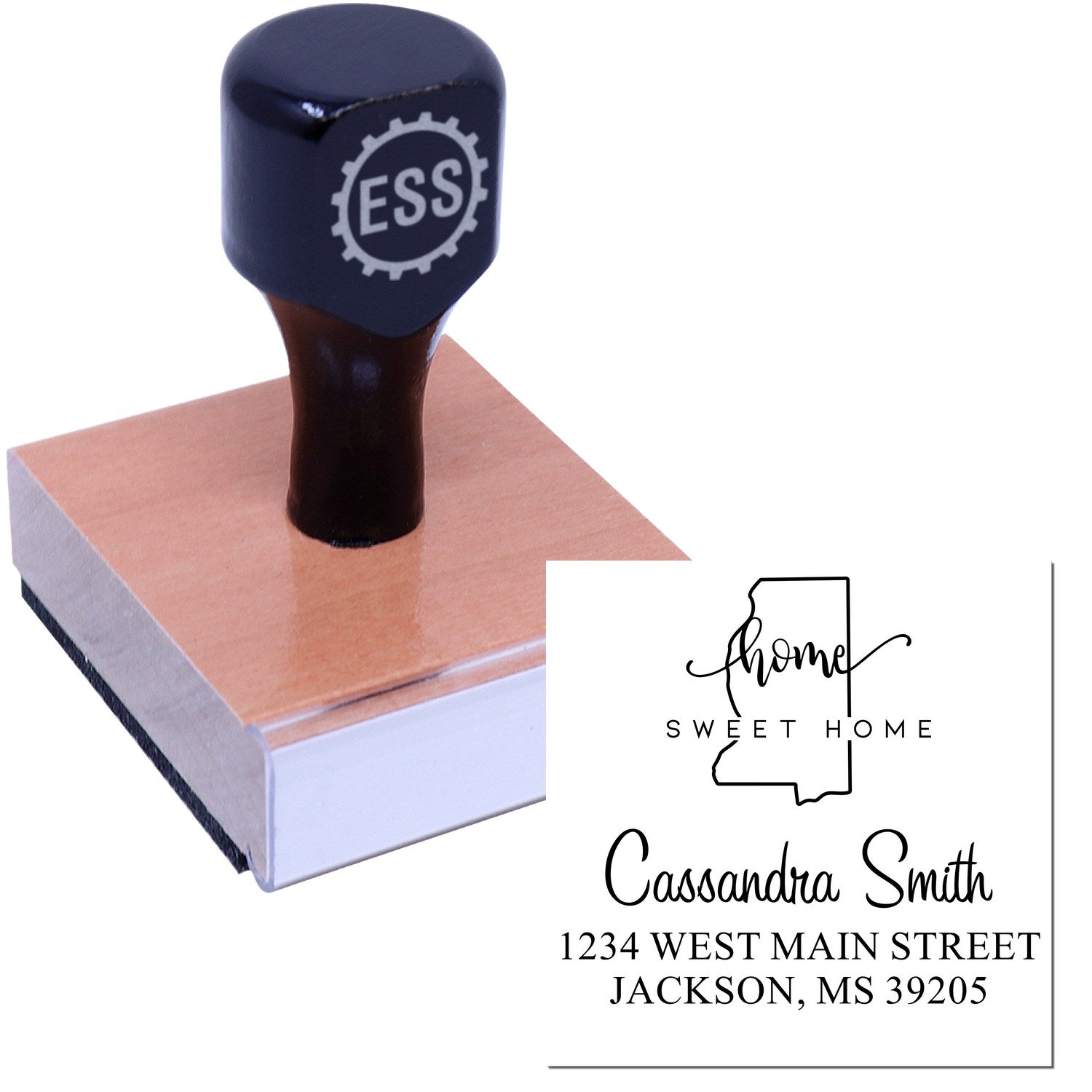 Wood Handle Home Sweet Home Mississippi Personalized Address Return Rubber Stamp - Engineer Seal Stamps