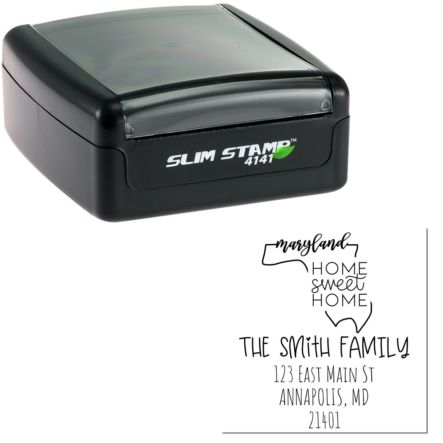 Black Slim Stamp 4141 self-inking stamp with Maryland Home Sweet Home family address design