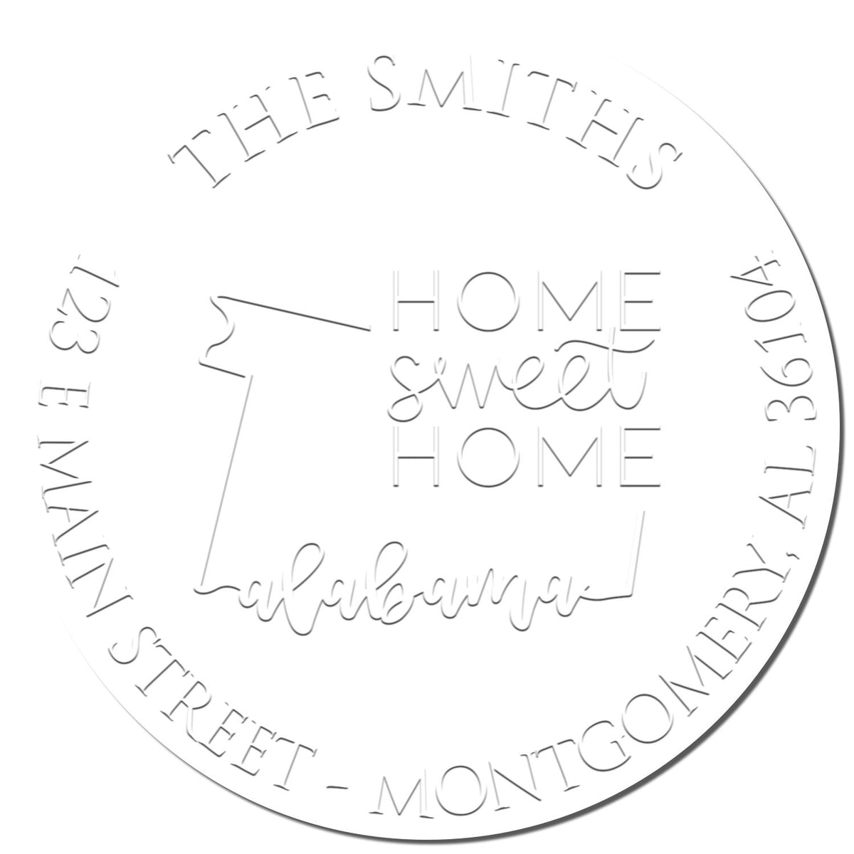 Enlarged imprint of Shiny Round AL Soft Personalized Mailing Address Seal Embosser featuring state love design on paper.
